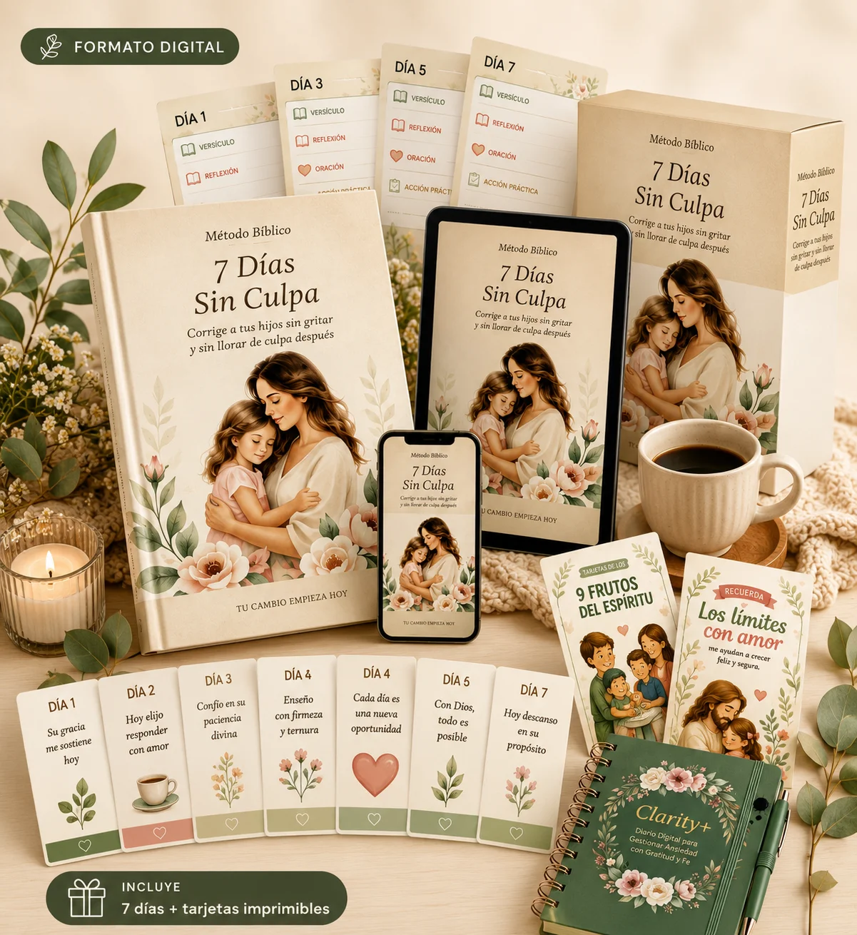 Conjunto digital completo: devocional, tablet, tarjetas imprimibles y diario