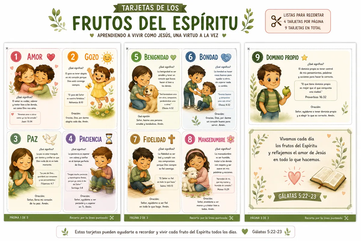 Tarjetas imprimibles de los nueve frutos del Espíritu